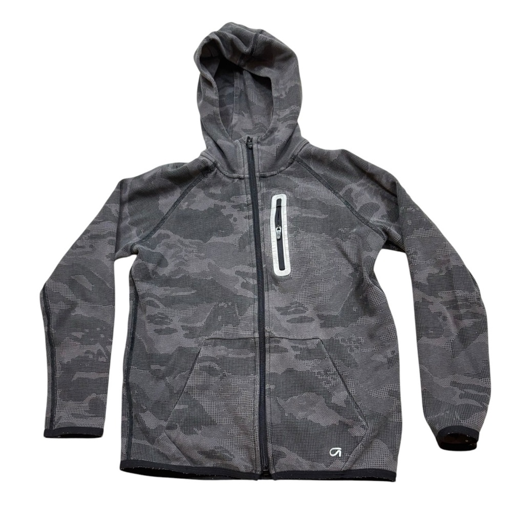 Boys Gap Fit Dry Dotted Black‎ and Grey Camo Zip Up Lightweight Hooded Jacket M